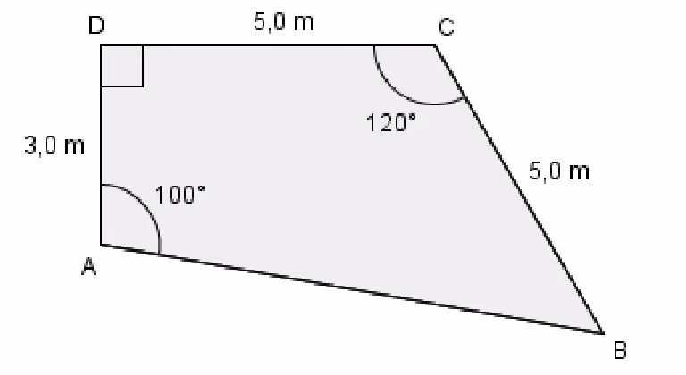 Firkant ABCD med rett vinkel i D, AD = 3,0 m, DC = 5,0 m, CB = 5,0 m, vinkel A = 100° og vinkel C = 120°
