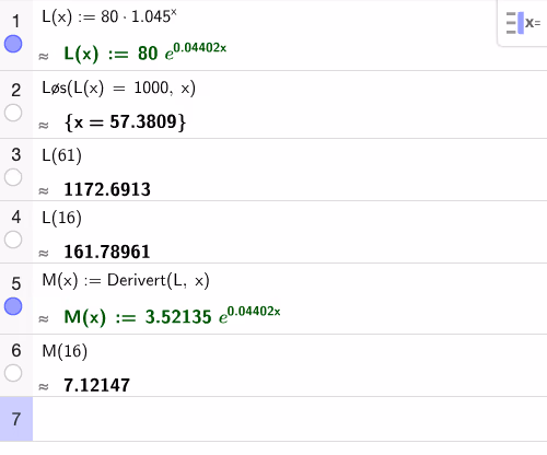 CAS-utregning av likningen f(x)=1000, f(61), f(16) og f'(16)