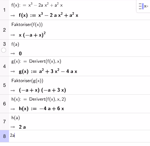 CAS-utregning av f(x), faktorisering, f'(x), f''(x) og f''(a)