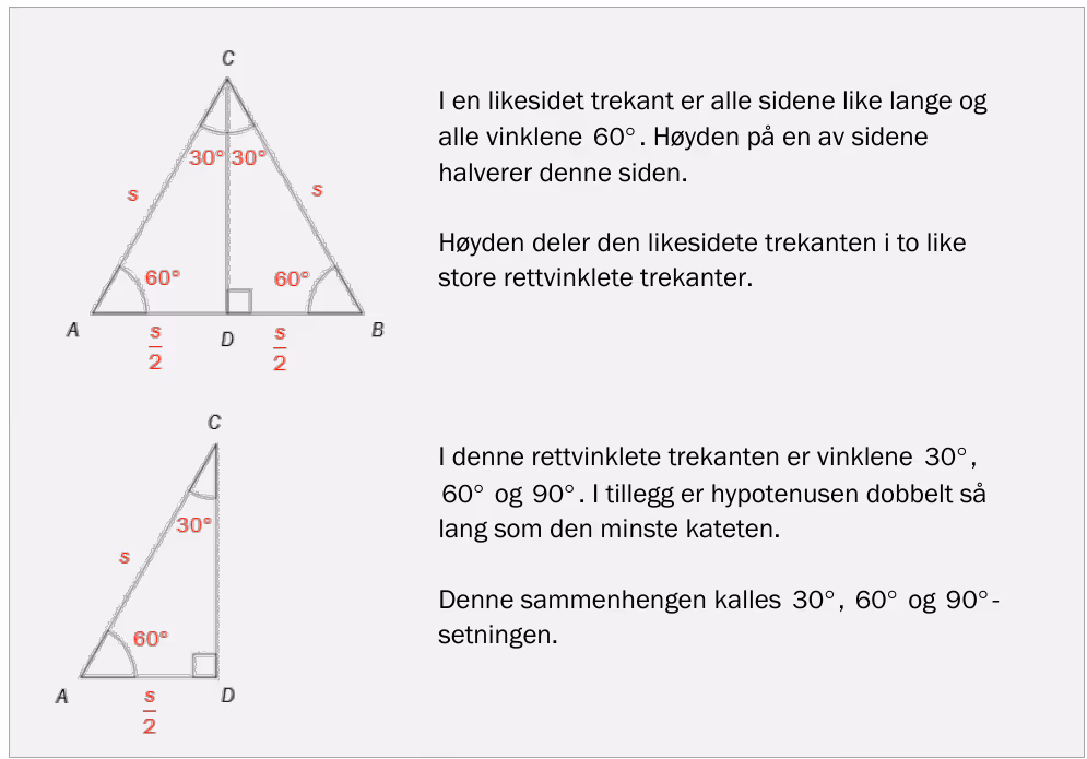 Lærebokutdrag om likesidet trekant og 30-60-90-setningen