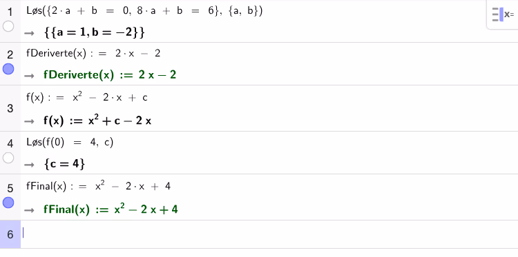GeoGebra CAS — andregradsfunksjon fra tangentstigninger