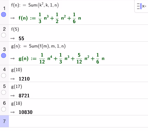 GeoGebra CAS – klossmønster: figur 5, sum av 10 første, og kumulativ sum
