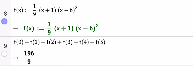 CAS-utklipp: linje 8 definerer f(x) := 1/9·(x + 1)(x − 6)². Linje 9 beregner f(0) + f(1) + f(2) + f(3) + f(4) + f(5) og gir 196/9.