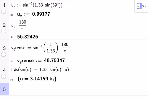 GeoGebra CAS-utregning for lysbrytning