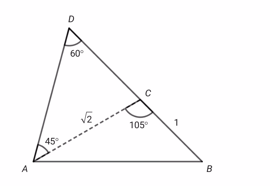 Trekant ABD med diagonal AC, der vinkel A er 45 grader, vinkel D er 60 grader, vinkel ACB er 105 grader, AC er rot 2 og CB er 1