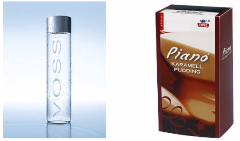 En flaske Voss-vann (til venstre) og en kartong med karamellpudding (til høyre)