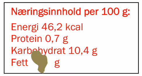 Næringsinnhold per 100 g: Energi 46,2 kcal, Protein 0,7 g, Karbohydrat 10,4 g, Fett (tallet er dekket av en flekk) g