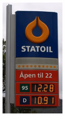 Prisskilt på bensinstasjon med literpris 12,28 for 95 og 10,91 for D