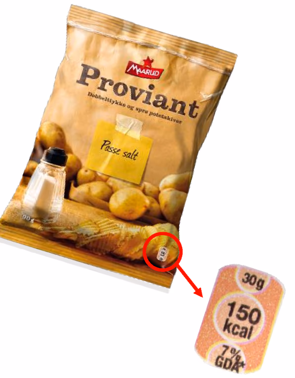 Pose med Maarud Proviant potetskiver. Merket på forsiden er forstørret og viser 30 g, 150 kcal, 7 % GDA