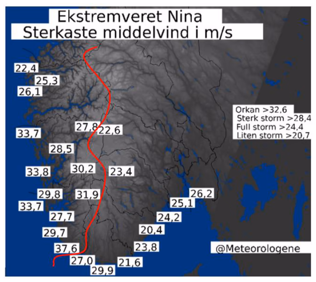Kart over sterkeste middelvind under Nina