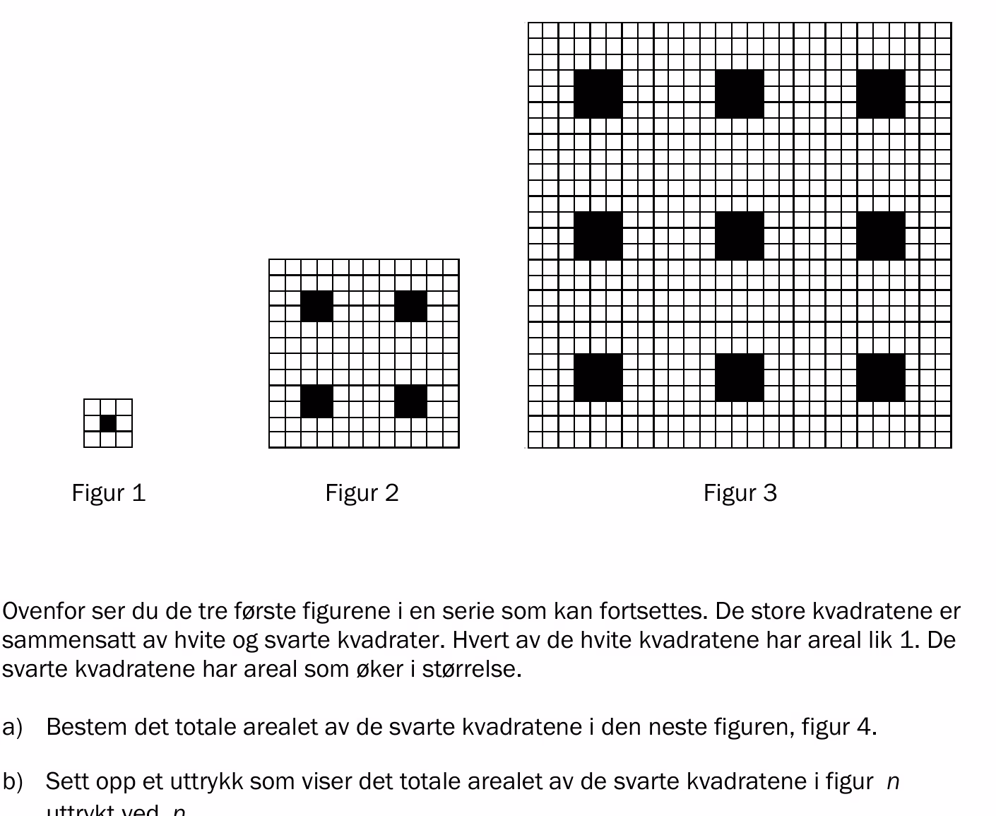Figurtall 1, 2 og 3 med svarte og hvite kvadrater