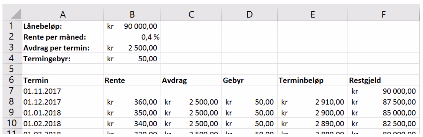 Regneark for nedbetalingsplan