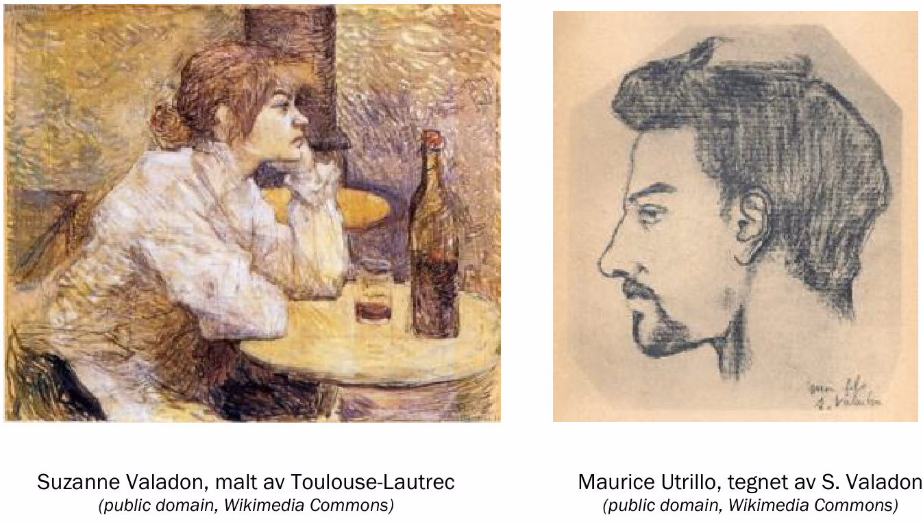 Suzanne Valadon, malt av Toulouse-Lautrec, og Maurice Utrillo, tegnet av S. Valadon