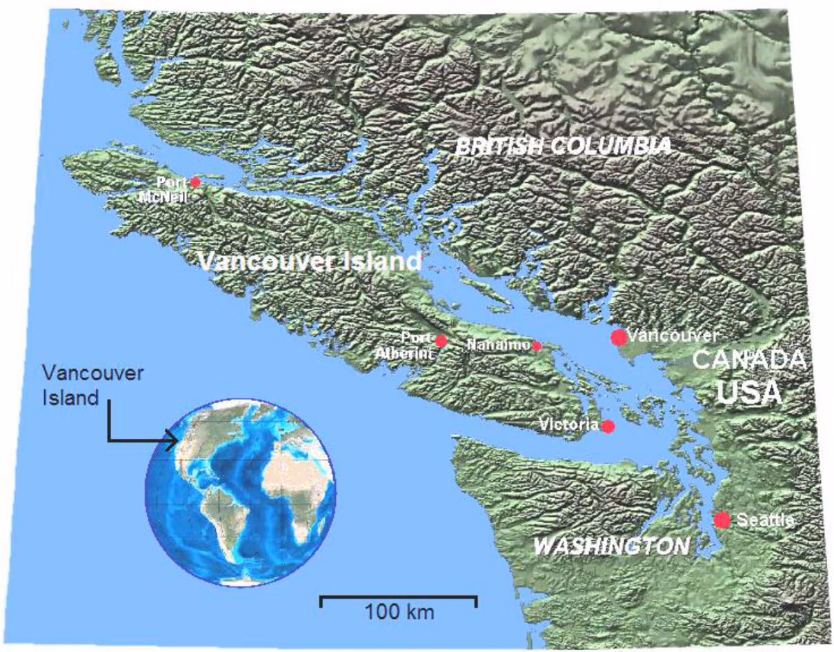 Kart over Vancouver Island utenfor vestkysten av Canada