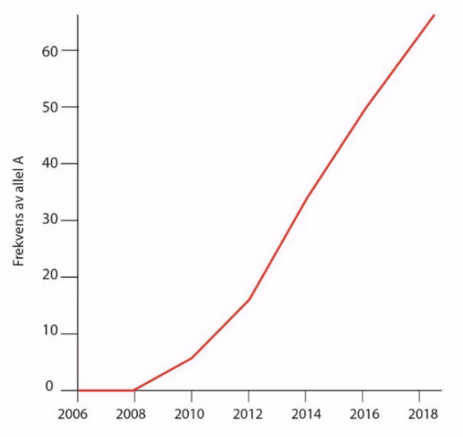 Frekvensen av allel A fra 2006 til 2018