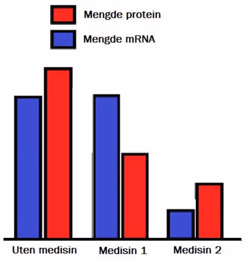 Stolpediagram over mengde protein og mengde mRNA uten medisin, med medisin 1 og med medisin 2