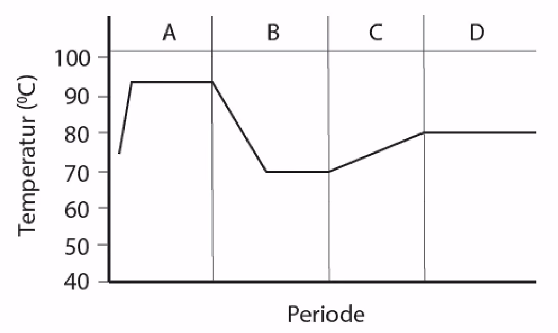 Temperatur (°C) i løsningen gjennom en PCR-syklus delt inn i periodene A–D