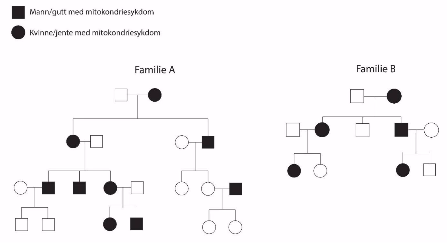 Forekomsten av mitokondriesykdom i familie A og familie B.