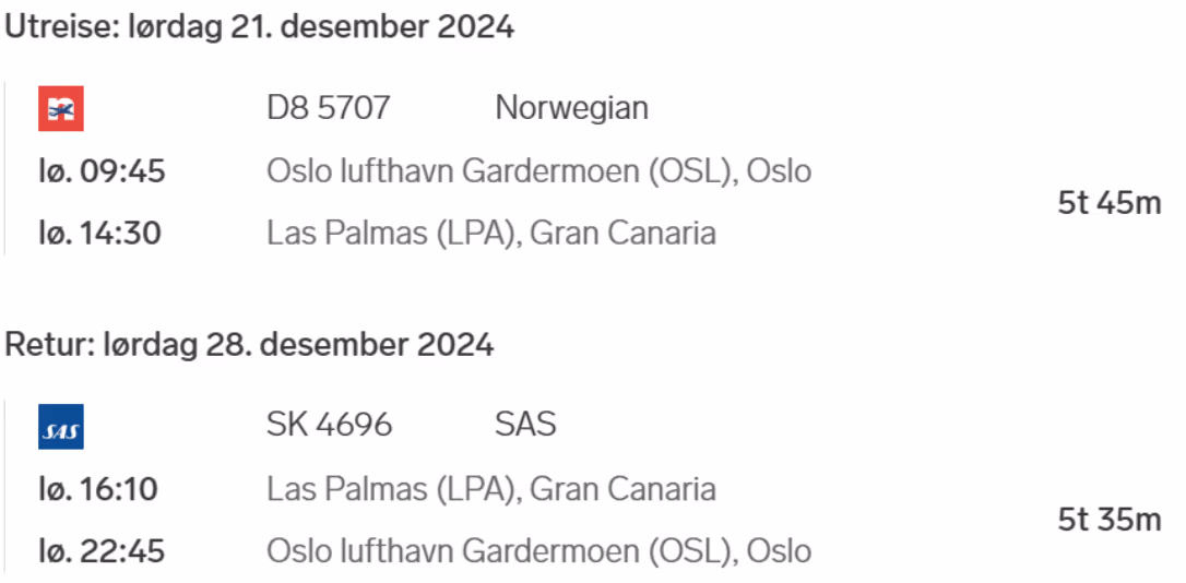 Flytider til Gran Canaria