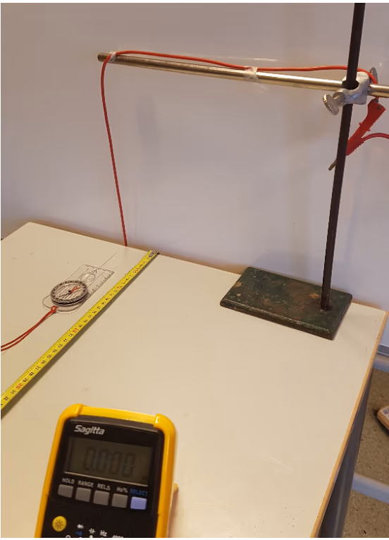 Bilde av forsøksoppsettet med loddrett leder i stativ, kompass og målebånd på bordet og et multimeter