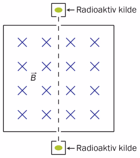 To radioaktive kilder på hver sin side av et homogent magnetfelt B inn i planet, med strålingen langs en stiplet linje