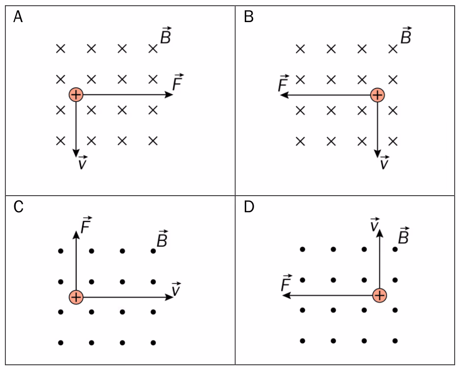 Figur A–D med retningene til F, v og B