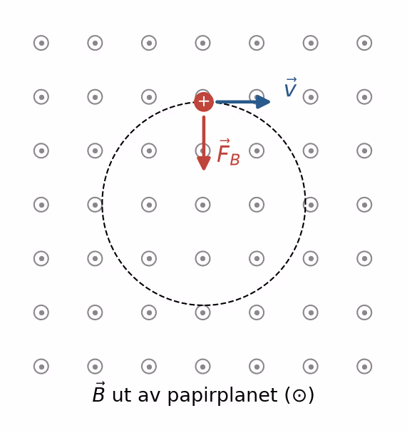 Magnetfelt ut av papirplanet og magnetisk kraft inn mot sentrum for alfapartikkelen øverst i banen