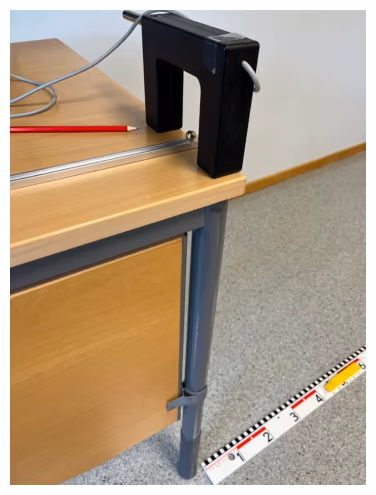 Foto av forsøksoppsettet med fartsmåler på bordkanten og meterstokk på gulvet