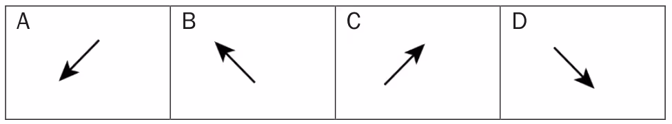 Alternativ A–D for retningen til magnetfeltet i P