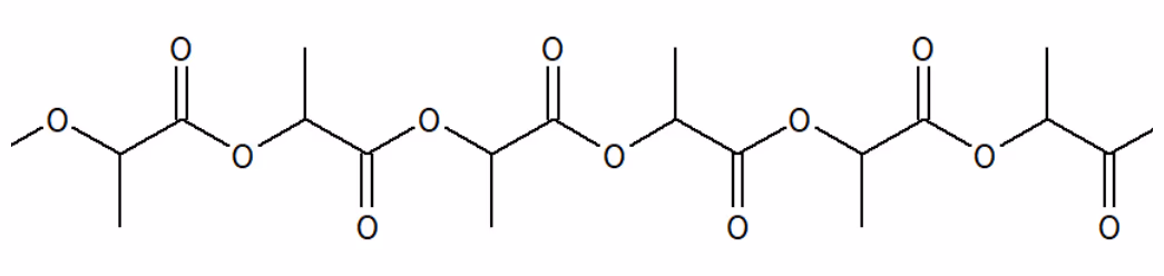 Skjelettformel for utsnitt av en polyesterkjede med metylgrupper som sidegrupper