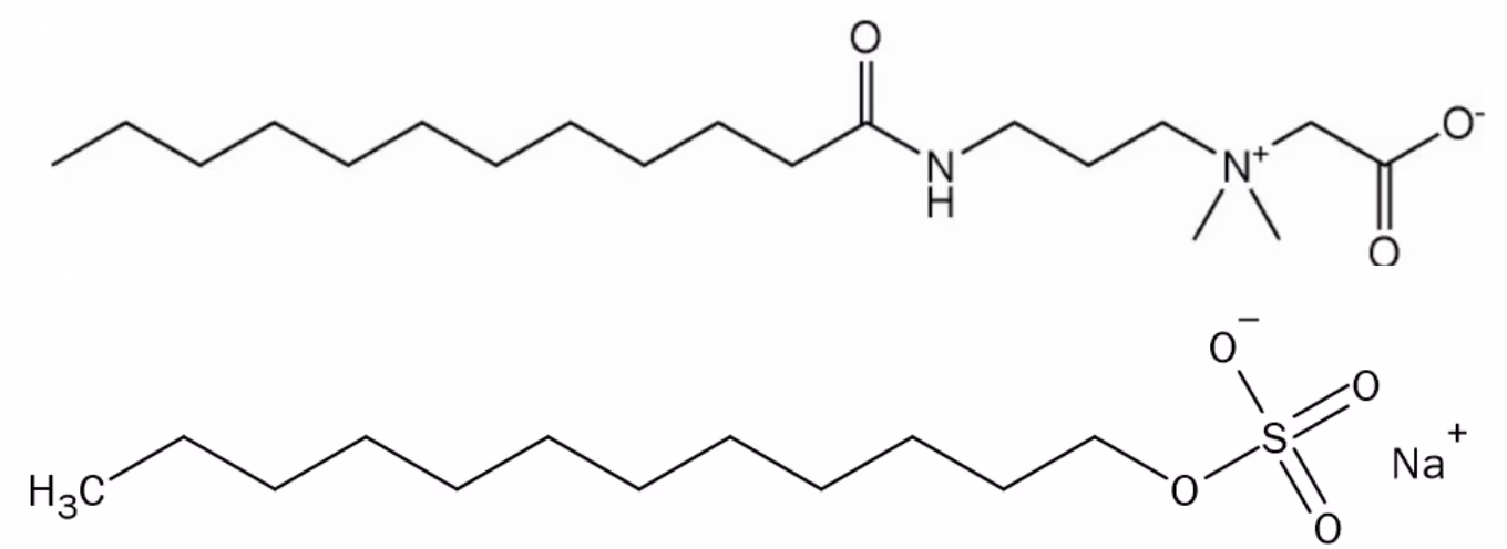 Skjelettformler for cocamidpropylbetain (CAPB) og natriumlaurylsulfat (SLS)