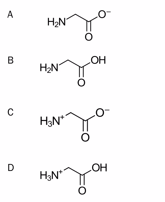 Fire strukturformler for glysin, A til D, med ulik protonering av aminogruppen og karboksylgruppen