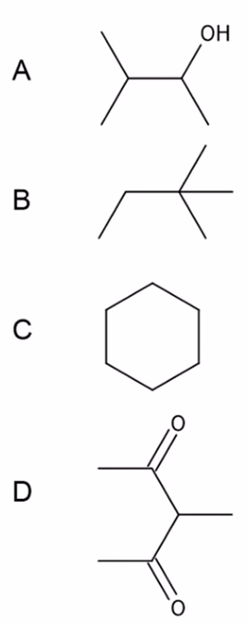 Skjelettformler for A 3-metylbutan-2-ol, B 2,2-dimetylbutan, C sykloheksan og D 3-metylpentan-2,4-dion