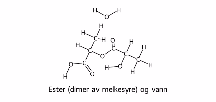 Strukturformler for esteren som dannes, og vann