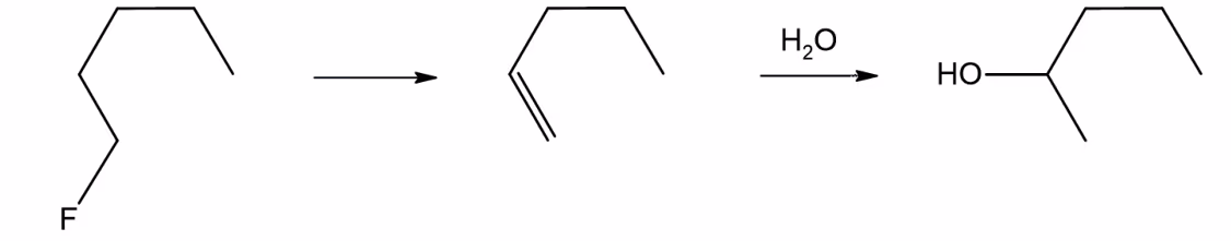 Syntese i to trinn: 1-fluorpentan til pent-1-en, og pent-1-en med vann til pentan-2-ol