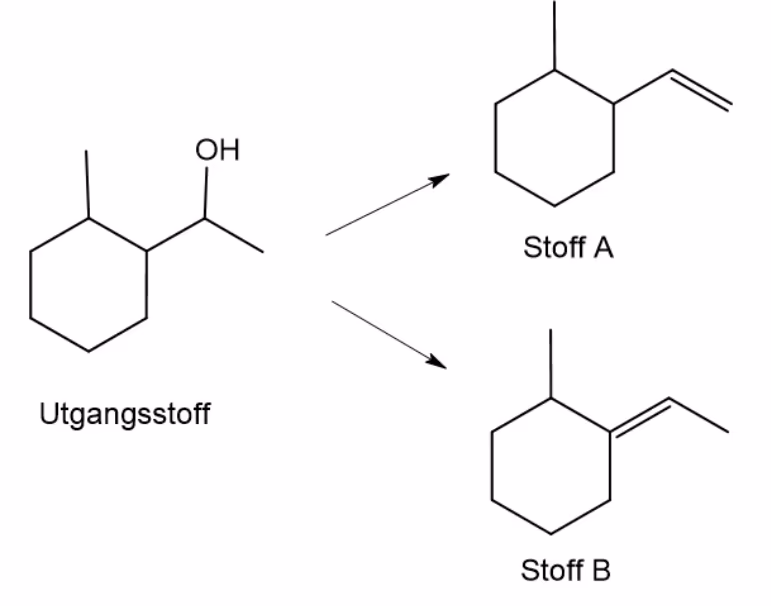 Utgangsstoff med sykloheksanring, metylgruppe og 1-hydroksyetylgruppe, og de to mulige eliminasjonsproduktene stoff A og stoff B