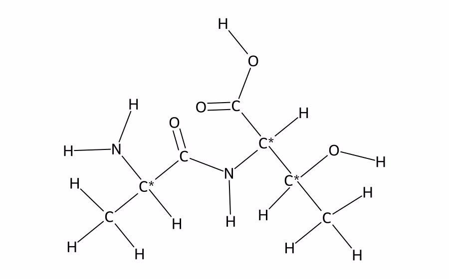 Strukturformel for dipeptidet Ala–Thr med de kirale karbonatomene merket med stjerne
