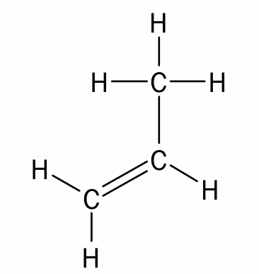 Strukturformel for propen, CH2=CH–CH3