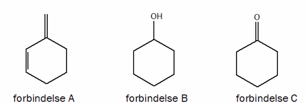 Strukturformler for forbindelse A (seksring med to C=C-dobbeltbindinger, den ene til en CH2-gruppe utenfor ringen), forbindelse B (sykloheksanol) og forbindelse C (sykloheksanon)