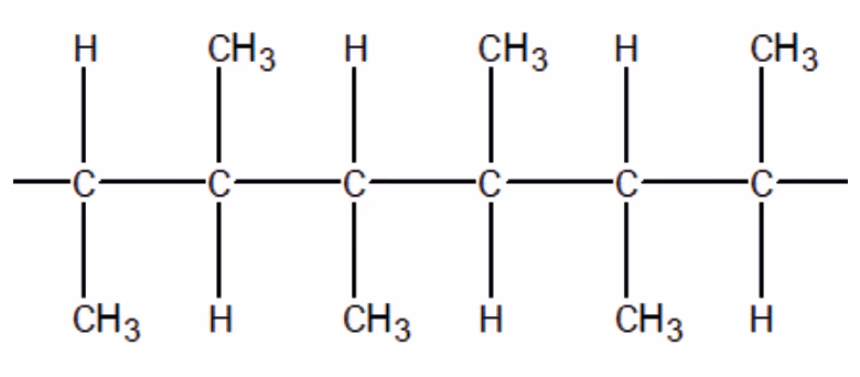 Strukturformel for et utsnitt av en karbonkjede med seks karbonatomer der hvert karbonatom har ett hydrogenatom og én metylgruppe