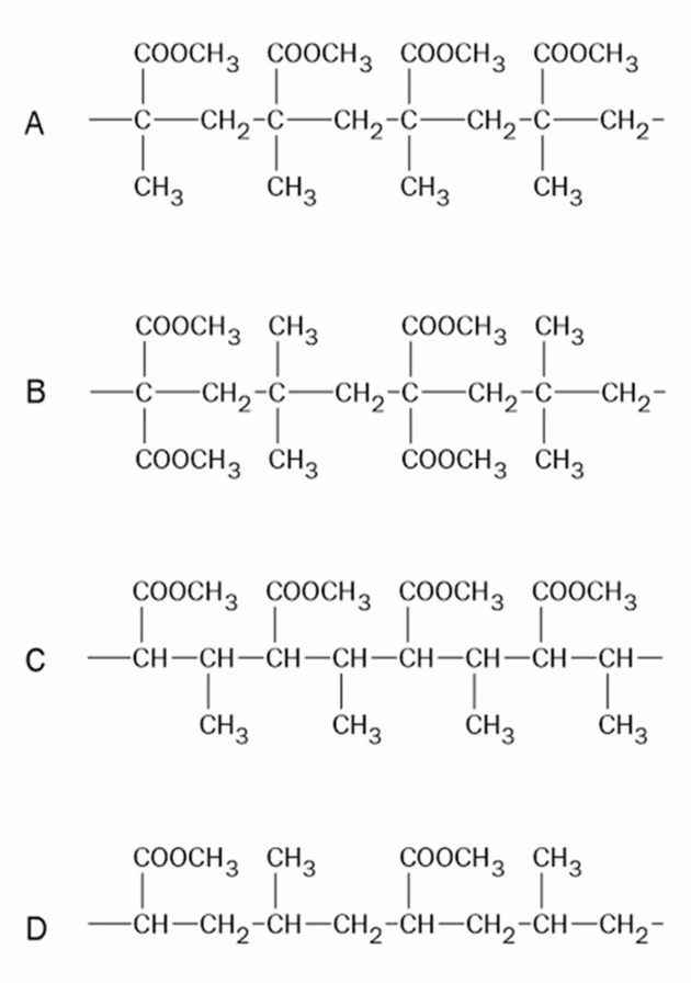 Fire polymerstrukturer A, B, C og D med sidegrupper COOCH3 og CH3