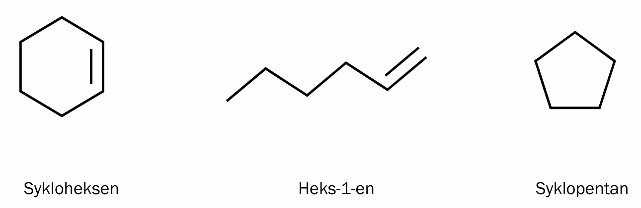 Skjelettformler for sykloheksen, heks-1-en og syklopentan