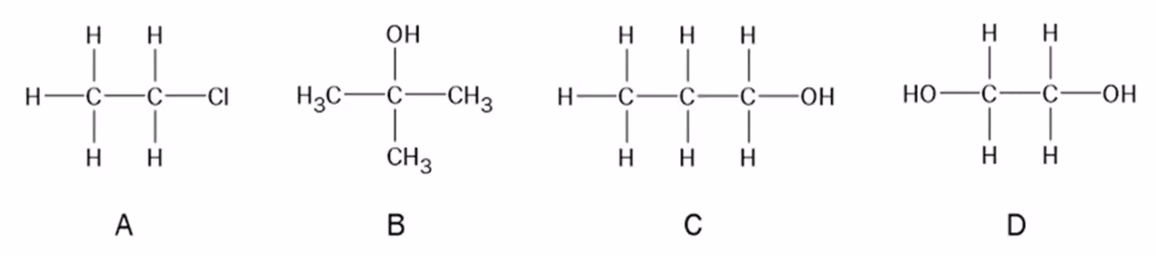 Strukturformler for A kloretan, B 2-metylpropan-2-ol, C propan-1-ol og D etan-1,2-diol