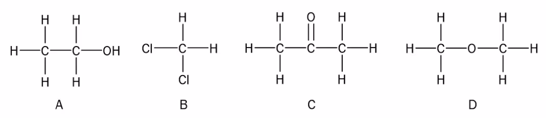 Strukturformler for A etanol, B diklormetan, C propanon og D dimetyleter