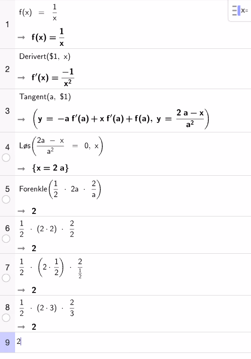 GeoGebra CAS: derivert, generell tangent, skjæringspunkt og areal