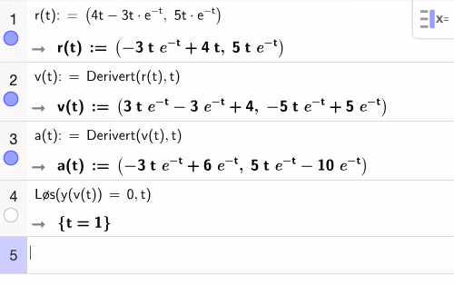 CAS-utregning av v(t), a(t) og Løs(y(v(t))=0,t)