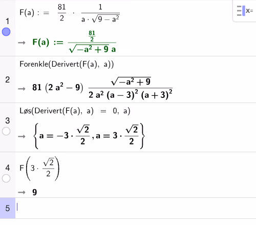 CAS-utregning: F(a), derivert, løsning av F'(a)=0, og F ved minimumspunktet