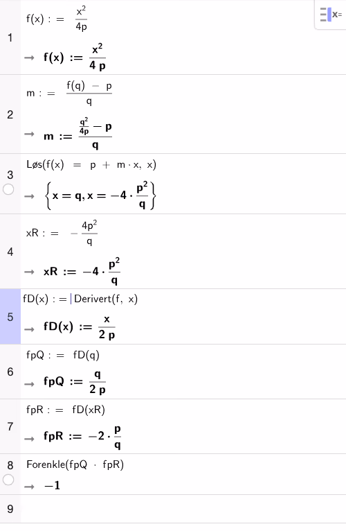 CAS-utregning som viser at skjæringspunktene er x=q og x=-4p²/q, og at produktet av tangentenes stigningstall er -1