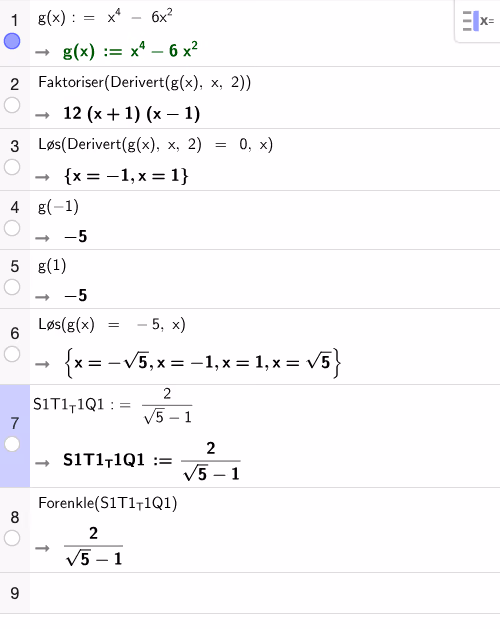 CAS-utregning av vendepunkter for g, linje gjennom S₁ og T₁, og forholdet S₁T₁/T₁Q₁