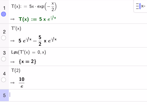 CAS-utregning av T'(x) og maksimalt areal